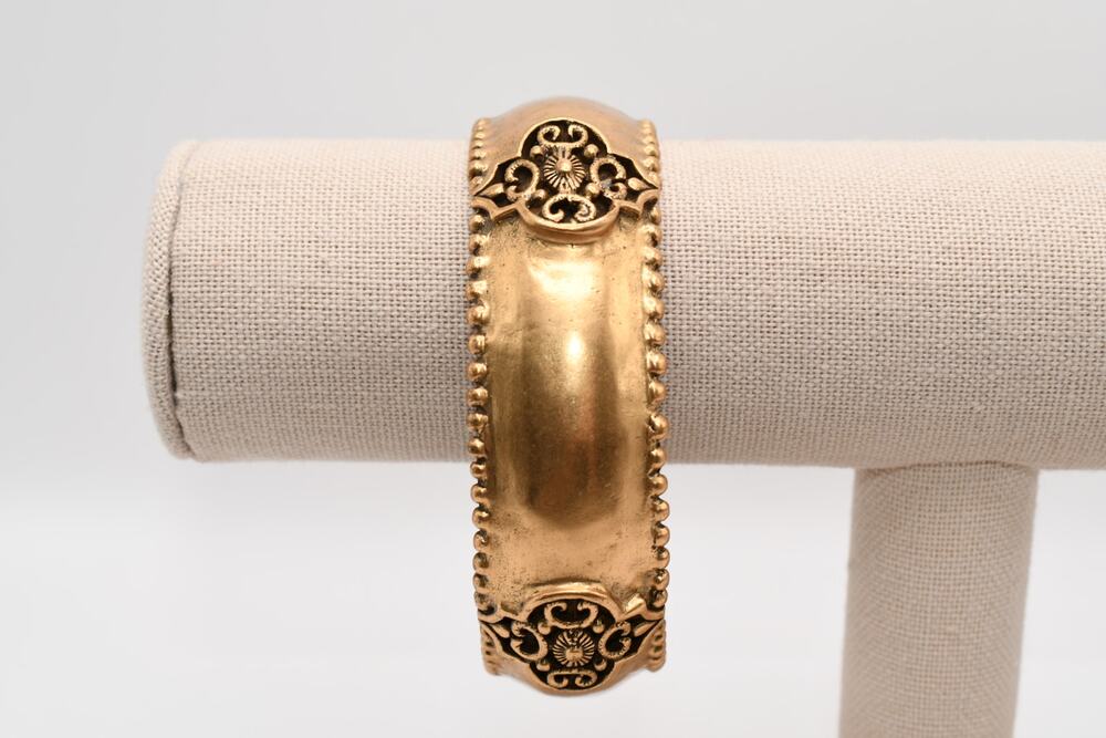 Chico’s Gold Tone Bangle Bracelet Wide Textured Ornate Design